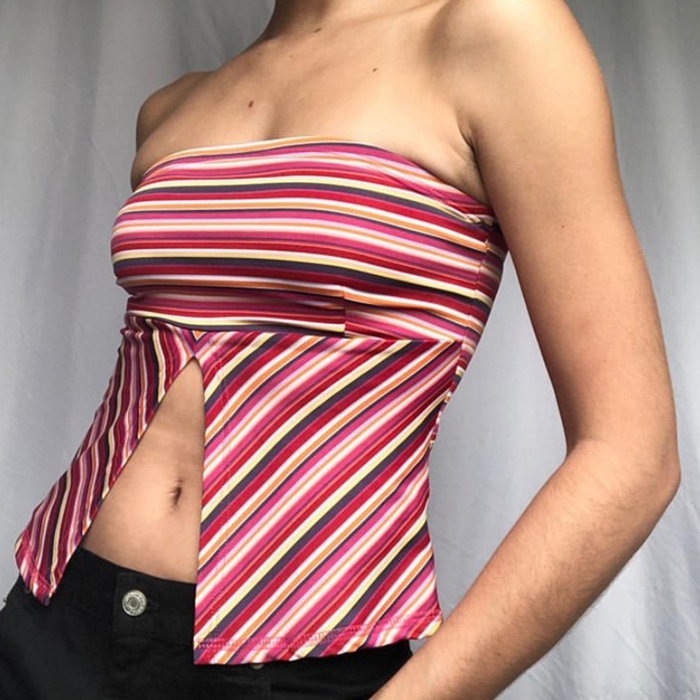 Y2K striped strapless top with front cut out